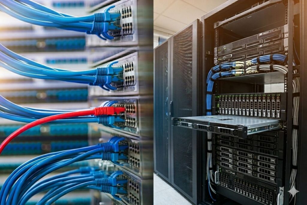Mrežni preklopnik s kabelima i serverski ormar